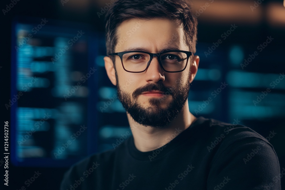 Focused programmer, coding late, office, screen