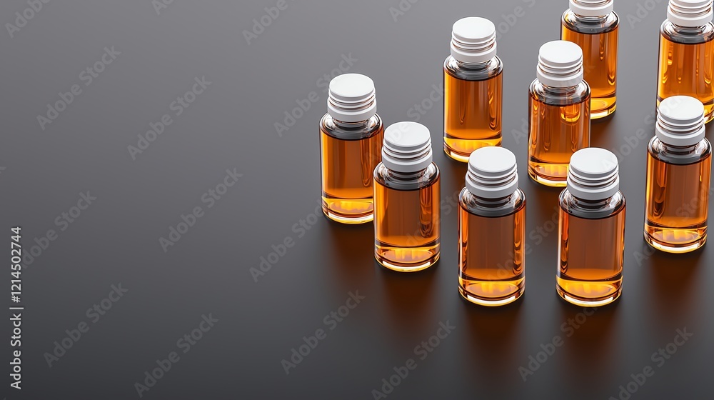A set of small glass bottles with amber liquid neatly arranged on a dark reflective surface. A set of small glass bottles with amber liquid neatly arranged on a dark reflective surface.