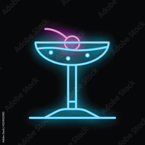 Neon sign depicting a cocktail glass with a cherry, radiating vibrant colors against a dark backdrop