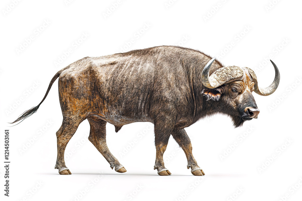 Obraz premium A powerful African buffalo bull with massive, curved horns walks confidently against a white background. Perfect for wildlife, nature, and safari themes. Wildlife Animals.