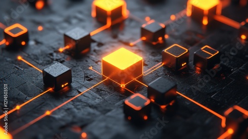 Glowing network of interconnected cubes. Abstract digital technology concept.