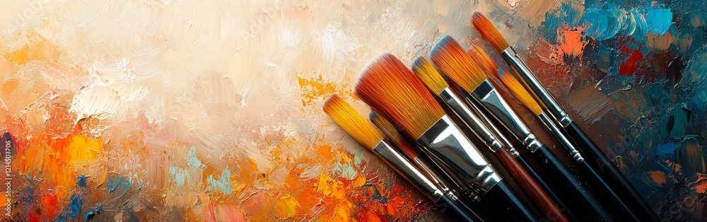 Fototapeta premium Makeup brushes spreading vibrant colors on a minimal background, perfect for beauty campaigns, cosmetics branding, and creative design projects.