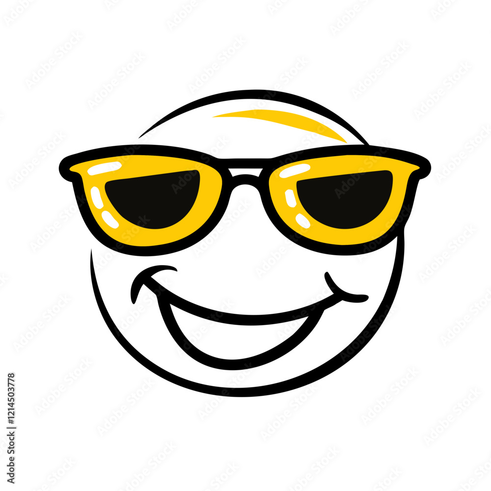 A cheerful smiley face sporting a pair of bright yellow sunglasses exudes A cheerful smiley face sporting a pair of bright yellow sunglasses exudes