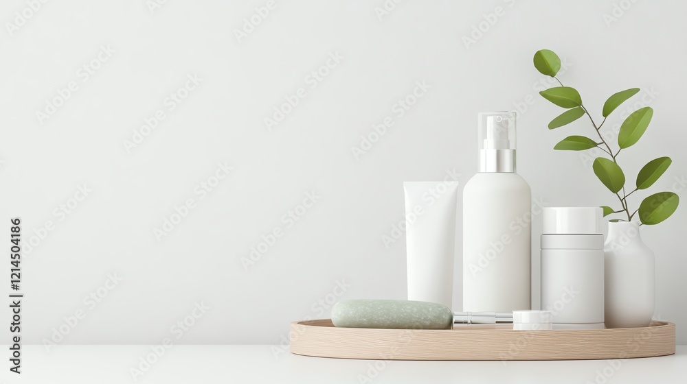 Minimalist skincare setup featuring various white bottles on a tray with a sprig of greenery against a light background. Minimalist skincare setup featuring various white bottles on a tray with a sprig of greenery against a light background.