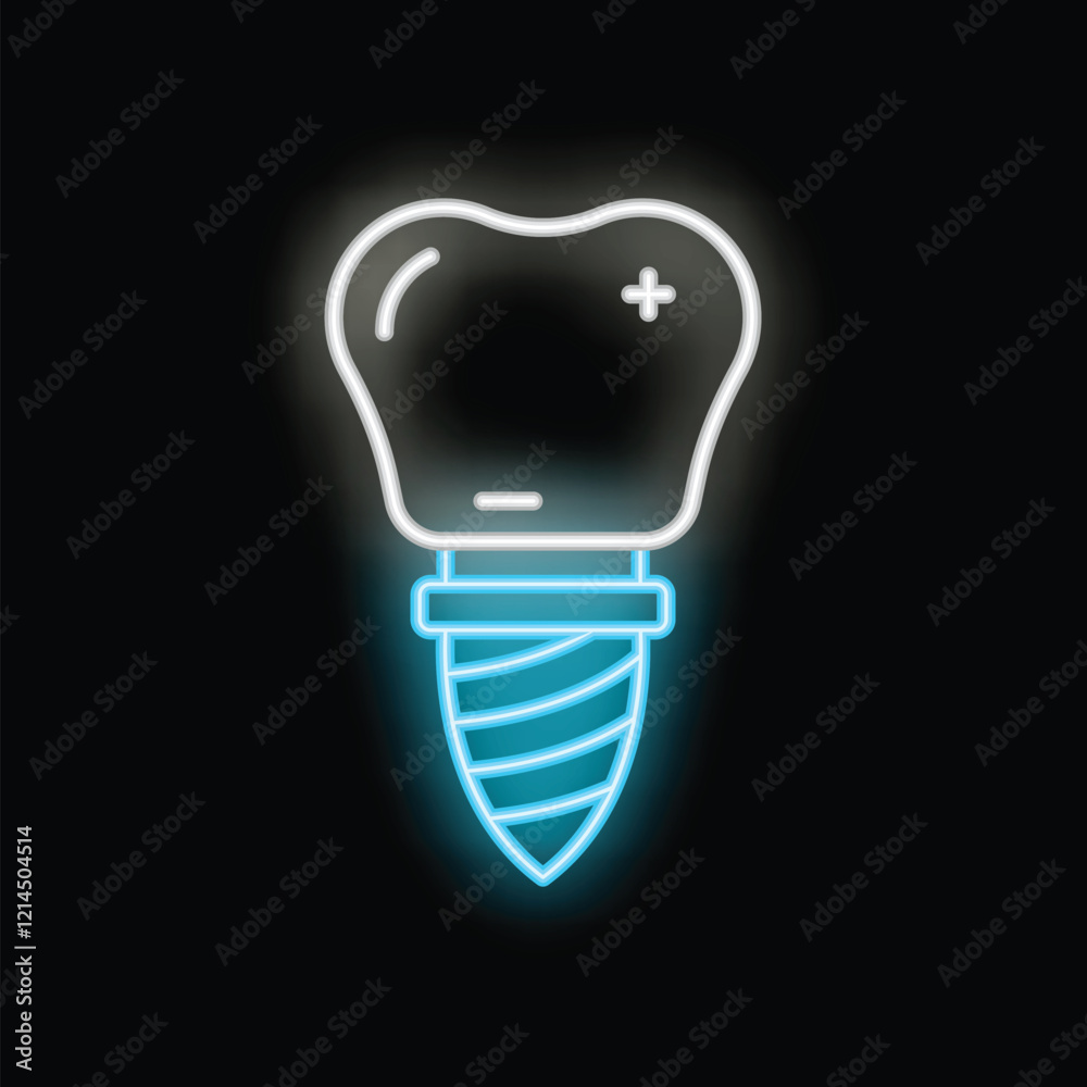 Blue and white neon style icon of a dental implant with crown connected to screw on black background Blue and white neon style icon of a dental implant with crown connected to screw on black background