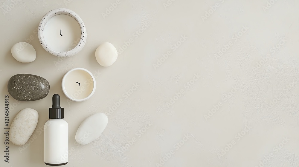 Minimalistic spa setup with candles, pebbles, and a serum bottle on a light background, evoking relaxation and tranquility. Minimalistic spa setup with candles, pebbles, and a serum bottle on a light background, evoking relaxation and tranquility.
