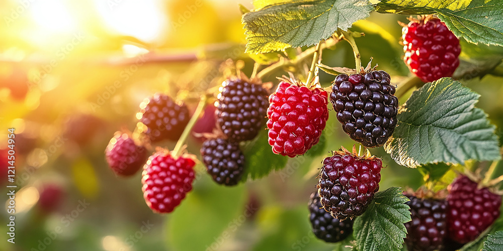  Close-up of ripe blackberries and raspberries hanging on a vine, illuminated by golden sunlight, showcasing freshness, nature, and the beauty of fruit harvesting.