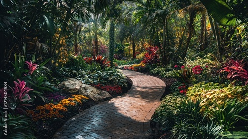 A scenic botanical garden with pathways winding through tropical plants, colorful flowers, and tall trees.