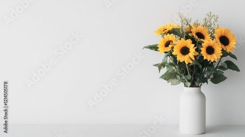 Vibrant sunflower floral arrangements paired with rustic wooden and natural elements creating a cheerful and inviting farmhouse style decor on a simple wooden table photo