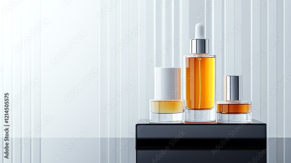 Elegant display of skincare bottles on a sleek surface with a modern backdrop, highlighting luxury beauty products and design simplicity. Elegant display of skincare bottles on a sleek surface with a modern backdrop, highlighting luxury beauty products and design simplicity.