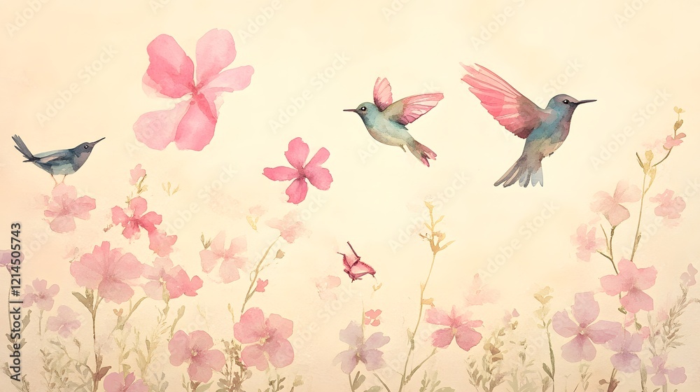 Fototapeta premium Watercolor Hummingbirds and Flowers Spring Floral Birds Pastel Bird Art