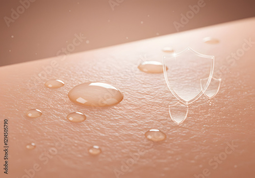 Close-up of healthy glowing skin with soft light effect symbolizing a strong intact skin barrier paired with minimalist elements like water droplets and shields. photo