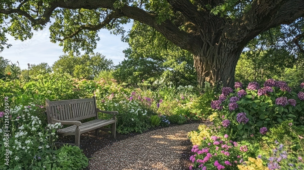 A scenic English garden with a mix of flowers, shrubs, and a wooden bench tucked under a large oak tree. A scenic English garden with a mix of flowers, shrubs, and a wooden bench tucked under a large oak tree.