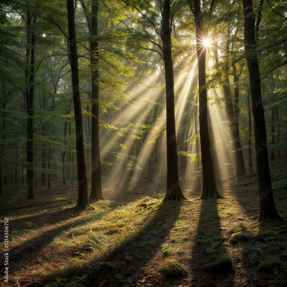 Naklejka premium Sunlight streams through lush trees in a tranquil forest, creating a serene atmosphere for nature lovers. Generative AI