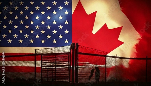 Conceptual background image showing a border wall or fence in silhouette in front of the American flag merging into the Canadian flag.