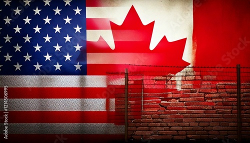 Conceptual background image showing a border wall or fence in silhouette in front of the American flag merging into the Canadian flag.