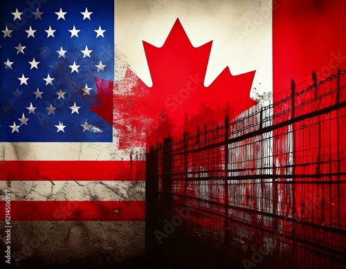 Conceptual background image showing a border wall or fence in silhouette in front of the American flag merging into the Canadian flag.