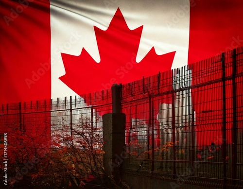 Conceptual background image showing a border wall or fence in silhouette in front of the American flag.