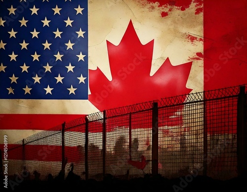 Conceptual background image showing a border wall or fence in silhouette in front of the American flag merging into the Canadian flag.