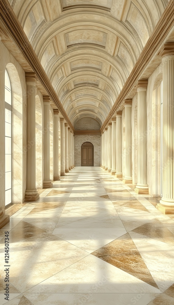 Sunlit classical hallway with columns and arched ceiling. Elegant architecture and design. Sunlit classical hallway with columns and arched ceiling. Elegant architecture and design.