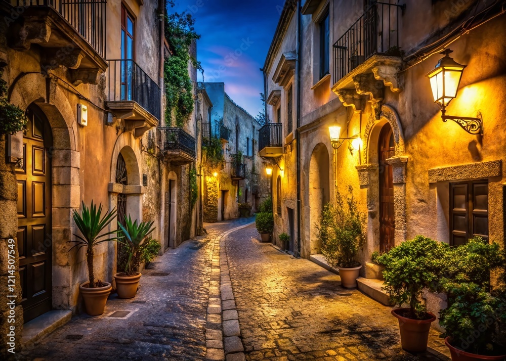 Fototapeta premium Mysterious Night in Syracuse, Sicily: Old Town Charm Under Low Light