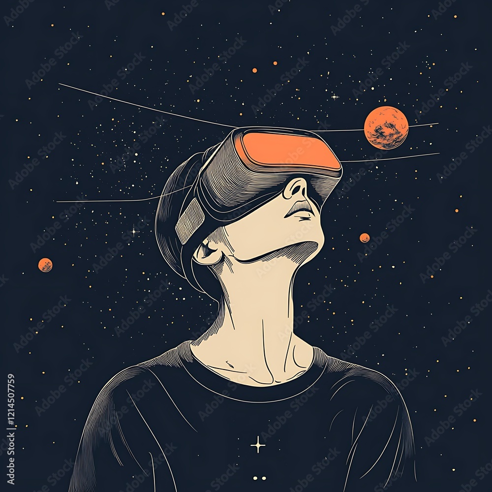 Person wearing VR headset looking up at space.  Possible use Concept art, poster