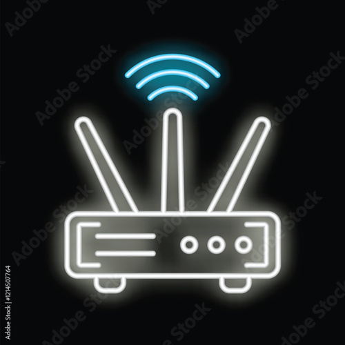 Neon icon of a wifi router transmitting signal, glowing on a black background