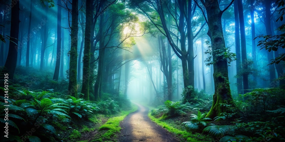 Naklejka premium Mysterious Silhouette Pathway: Foggy Forest at Dusk