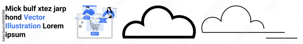 E-commerce interface featuring a person adding items to a cart, surrounded by icons, two cloud loading bars, and placeholder text. Ideal for app design, online shopping, user interface, UX design E-commerce interface featuring a person adding items to a cart, surrounded by icons, two cloud loading bars, and placeholder text. Ideal for app design, online shopping, user interface, UX design