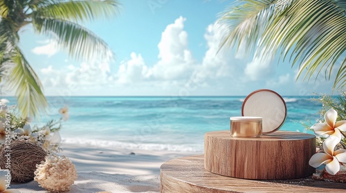 Wallpaper Mural Summer-inspired product display on a wooden podium at the edge of the sea, surrounded by a tropical beach setting, perfect for seasonal promotions. Torontodigital.ca