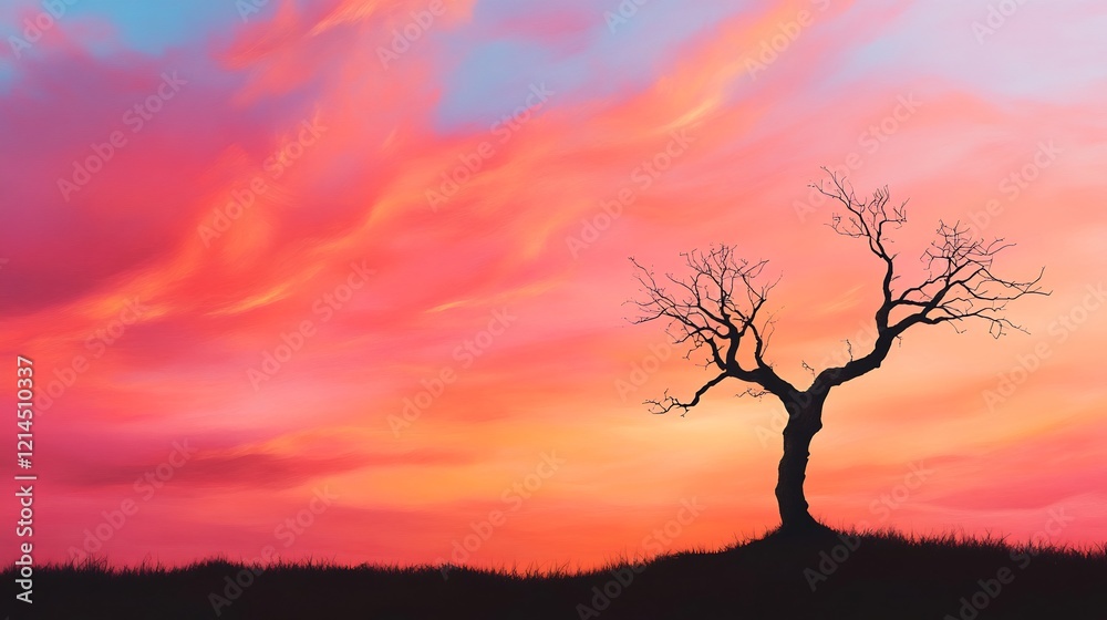 Sunset silhouette tree, vibrant sky, peaceful field Sunset silhouette tree, vibrant sky, peaceful field