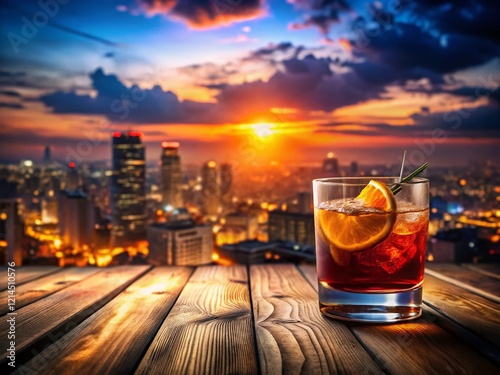 Negroni Sbagliato Cocktail Double Exposure:  Sunset Over Cityscape, Glass on Table photo