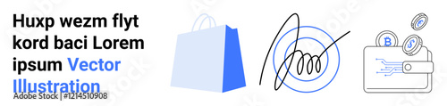 Blue shopping bag, digital signature, and wallet with coins. Ideal for e-commerce, online shopping, digital transactions, secure payments, fintech. Landing page