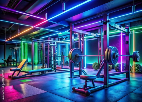 Neon Fitness: Gym Squat Rack & Barbell Long Exposure Photography photo