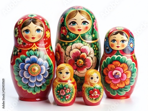 Nested Russian Nesting Dolls on Pure White Background - Traditional Folk Art Toy