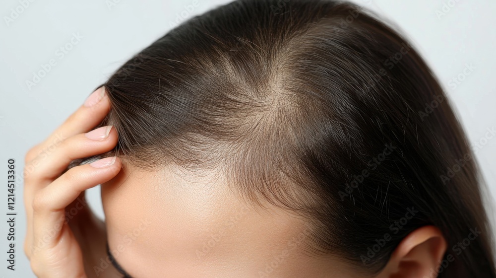 A woman with thinning hair examines strands in her hand, symbolizing hair loss due to poor health. A woman with thinning hair examines strands in her hand, symbolizing hair loss due to poor health.