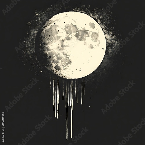 Abstract moon graphic, dripping ink, space. Possible use Posters, prints, phone background photo