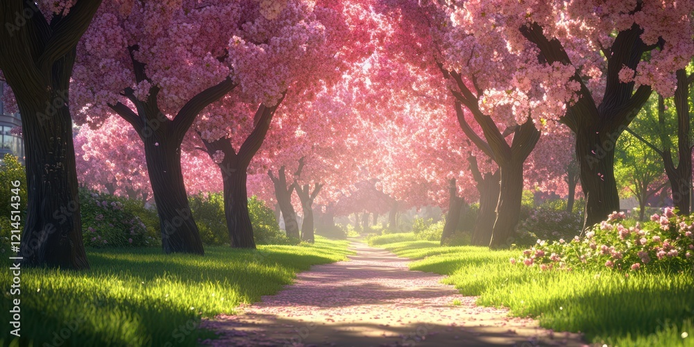 Serene Path Through Blossoming Cherry Trees Serene Path Through Blossoming Cherry Trees