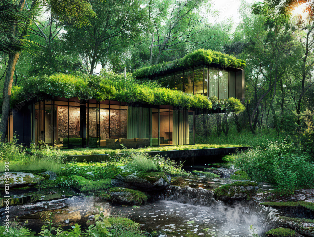Obraz premium Ecological green house peaceful forest setting, small stream nearby, ecological. Conservation nature