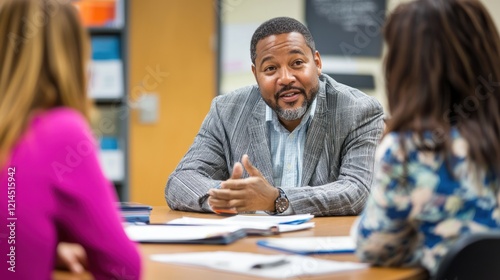 A school director meeting with teachers to discuss educational strategies.