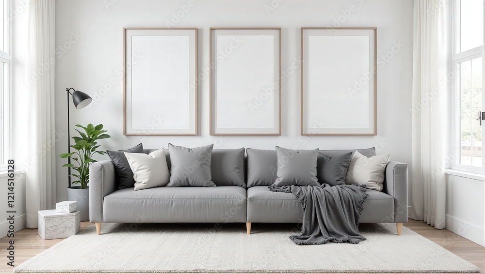 Fototapeta premium Sleek gray couch against pristine white walls, adorned with a chic gray blanket and trio of plush pillows in shades of gray, white, and neutral tones, inviting relaxation
