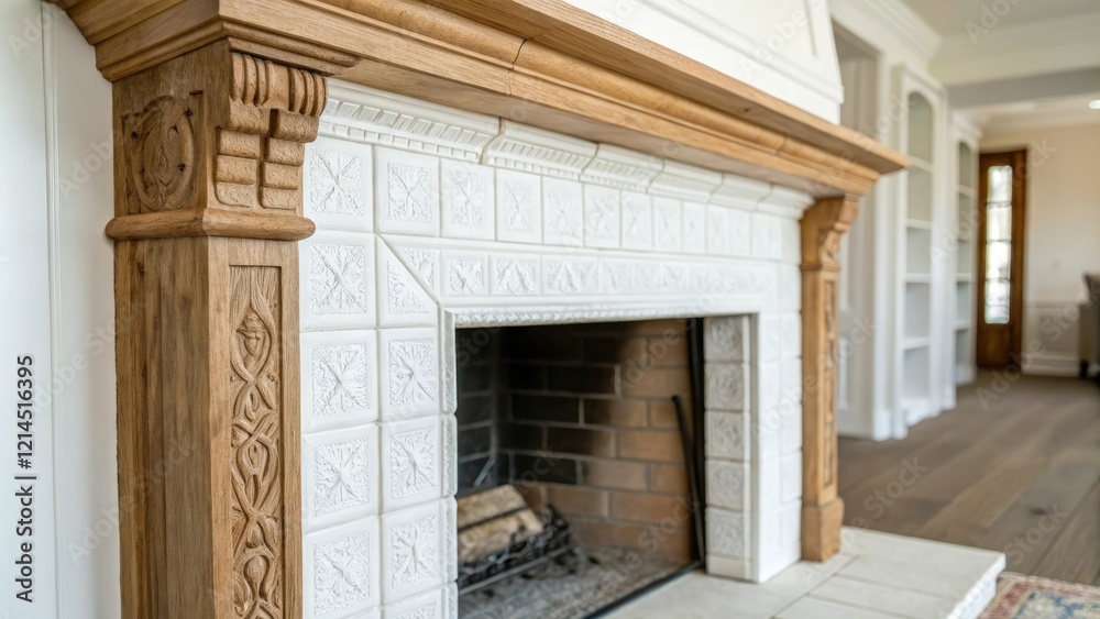 Close-up of a classic white ceramic tile fireplace with a stone hearth and wooden beams, traditional design, closeup photography Close-up of a classic white ceramic tile fireplace with a stone hearth and wooden beams, traditional design, closeup photography