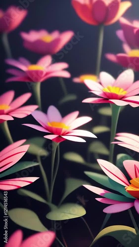 dancing abstract flowers in pastel shades with soft lighting and dark background. vertical. looping seamless animation. vertical. looped seamless animation.