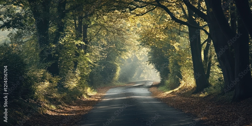 Obraz premium Sunlit Autumn Road Through A Lush Green Forest