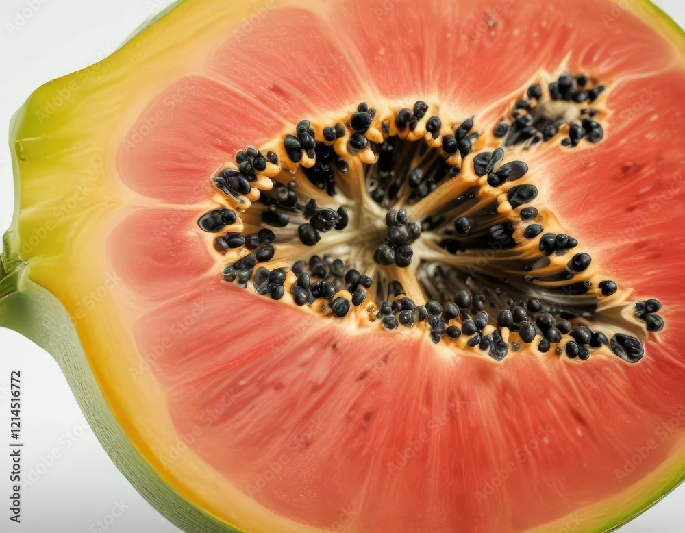 Close-up of a ripe papaya fruit with green and red skin on a white background with grain effect, grain, texture Close-up of a ripe papaya fruit with green and red skin on a white background with grain effect, grain, texture