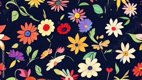 bright floral pattern of various colorful flowers on a dark blue background. looping seamless animation.