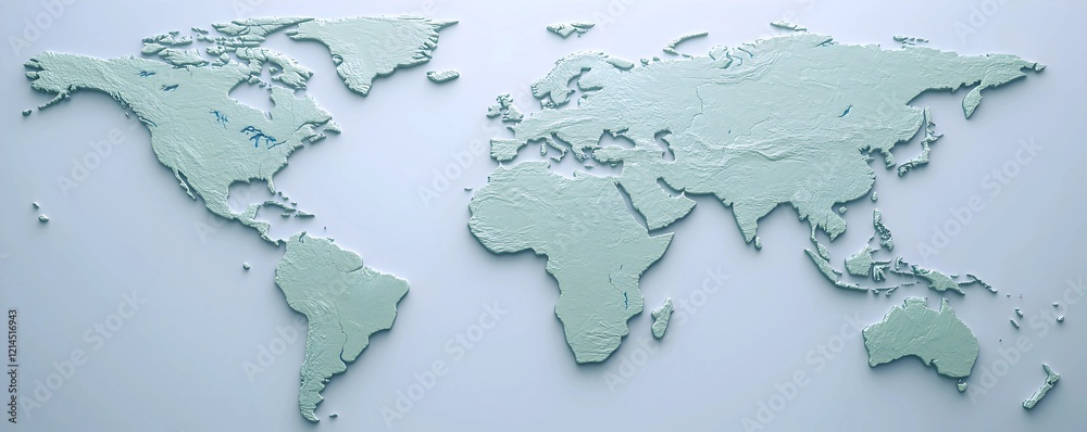 A breathtaking 3D embossed world map, showcasing continents in subtle, textured relief against a calming light-blue background. Explore the globe's intricate details, a journey of visual discovery. A breathtaking 3D embossed world map, showcasing continents in subtle, textured relief against a calming light-blue background. Explore the globe's intricate details, a journey of visual discovery.