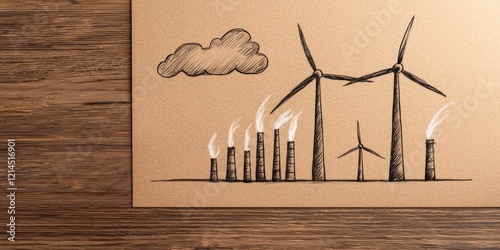 The image features a drawing of wind turbines alongside smokestacks, symbolizing the contrast between renewable and non-renewable energy sources.