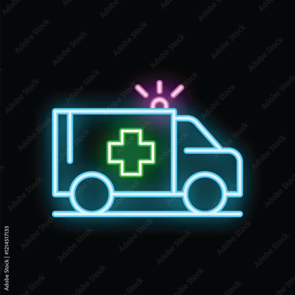 Neon ambulance icon glowing on dark background representing emergency medical services Neon ambulance icon glowing on dark background representing emergency medical services