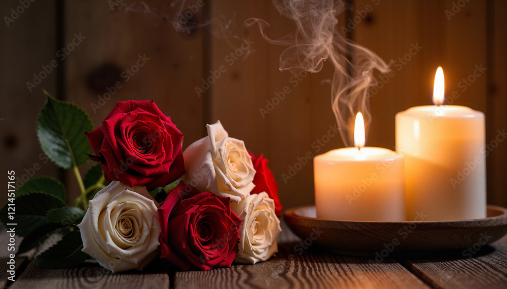 Obraz premium Tranquil red and white roses beside flickering candles, serene ambiance